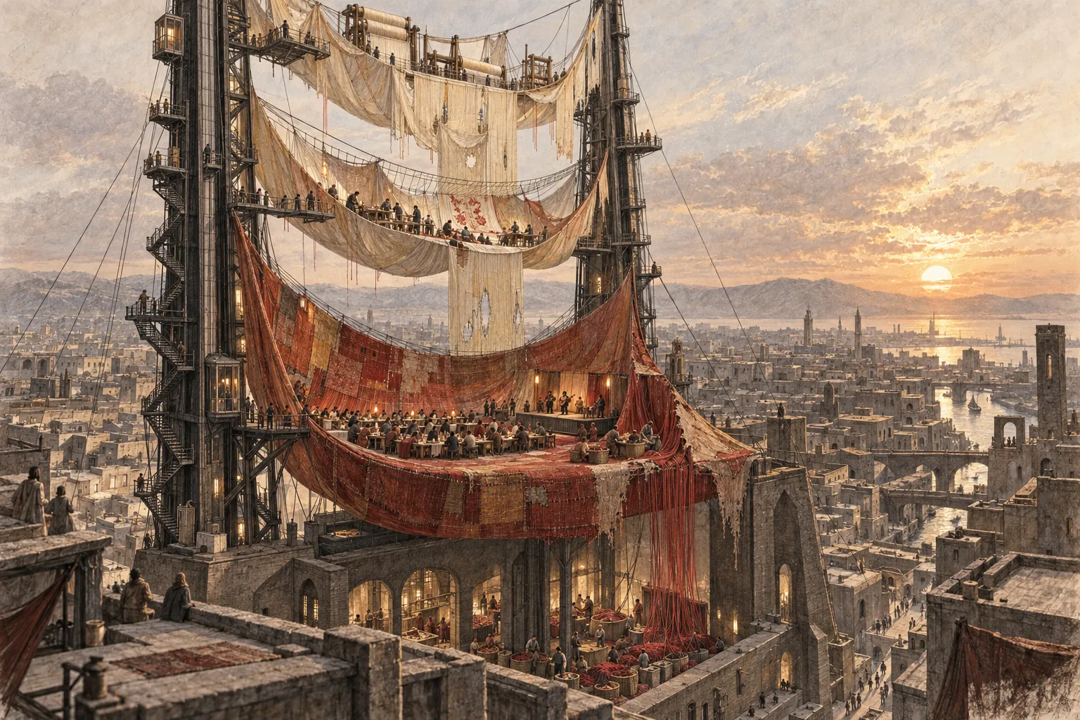 Generated concept study: rooms of hanging cloth and red textile woven between tall iron masts above an old city at sunset, full of people at work and at table.