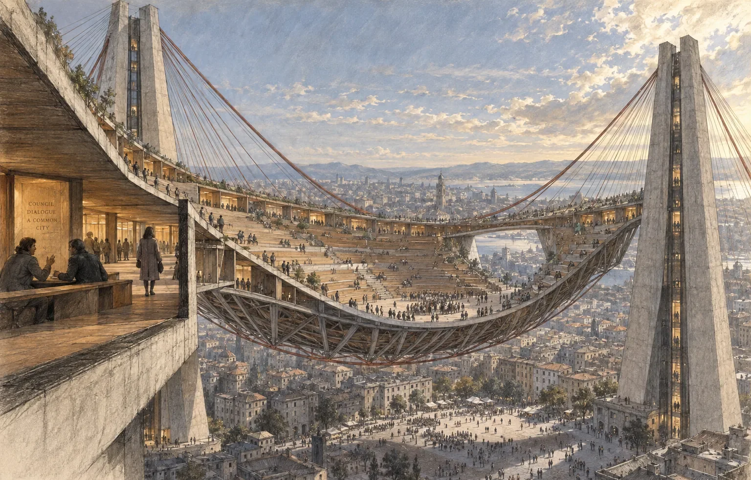 Generated concept study: a vast stepped public bowl hangs on cables between two concrete pylons high above a city, seen from a sheltered terrace.