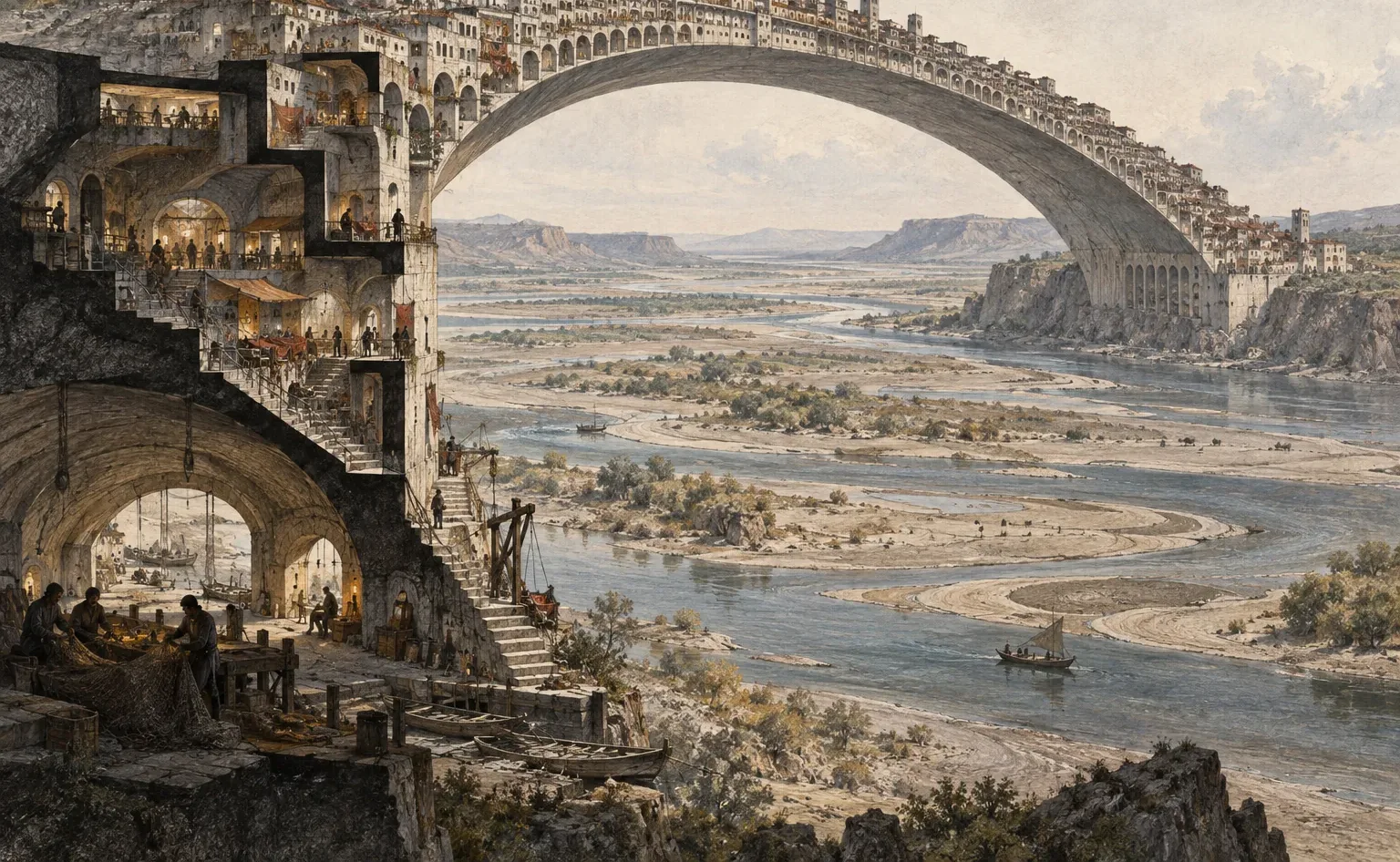 Generated concept study: a city built along an immense stone arch that spans a wide braided river valley, with workshops and stairs cut into the cliff in the foreground.